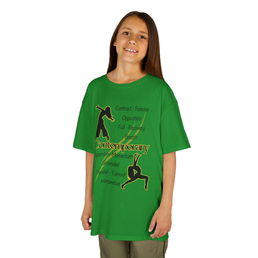 Young girl wearing a youth Gildan 5000B heavy cotton t-shirt in irish green featuring Contemporary Dancers with text
