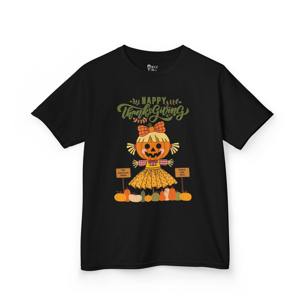 Kids black Thanksgiving t-shirt with a scarecrow ballerina design and a Happy Thanksgiving text.