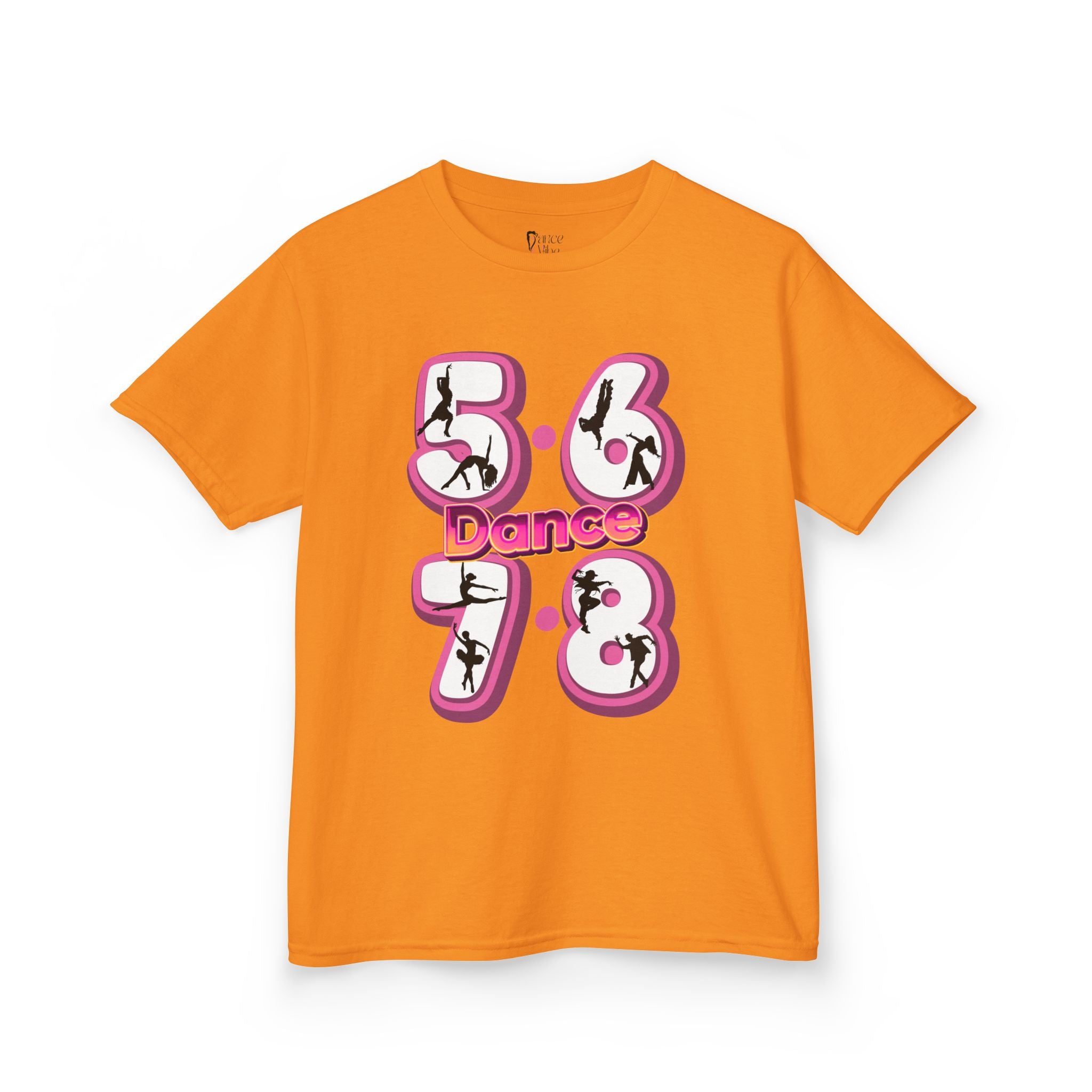 Front view of a youth Gildan 5000B heavy cotton t-shirt in tennessee orange with a 5678 Dance text and graphic