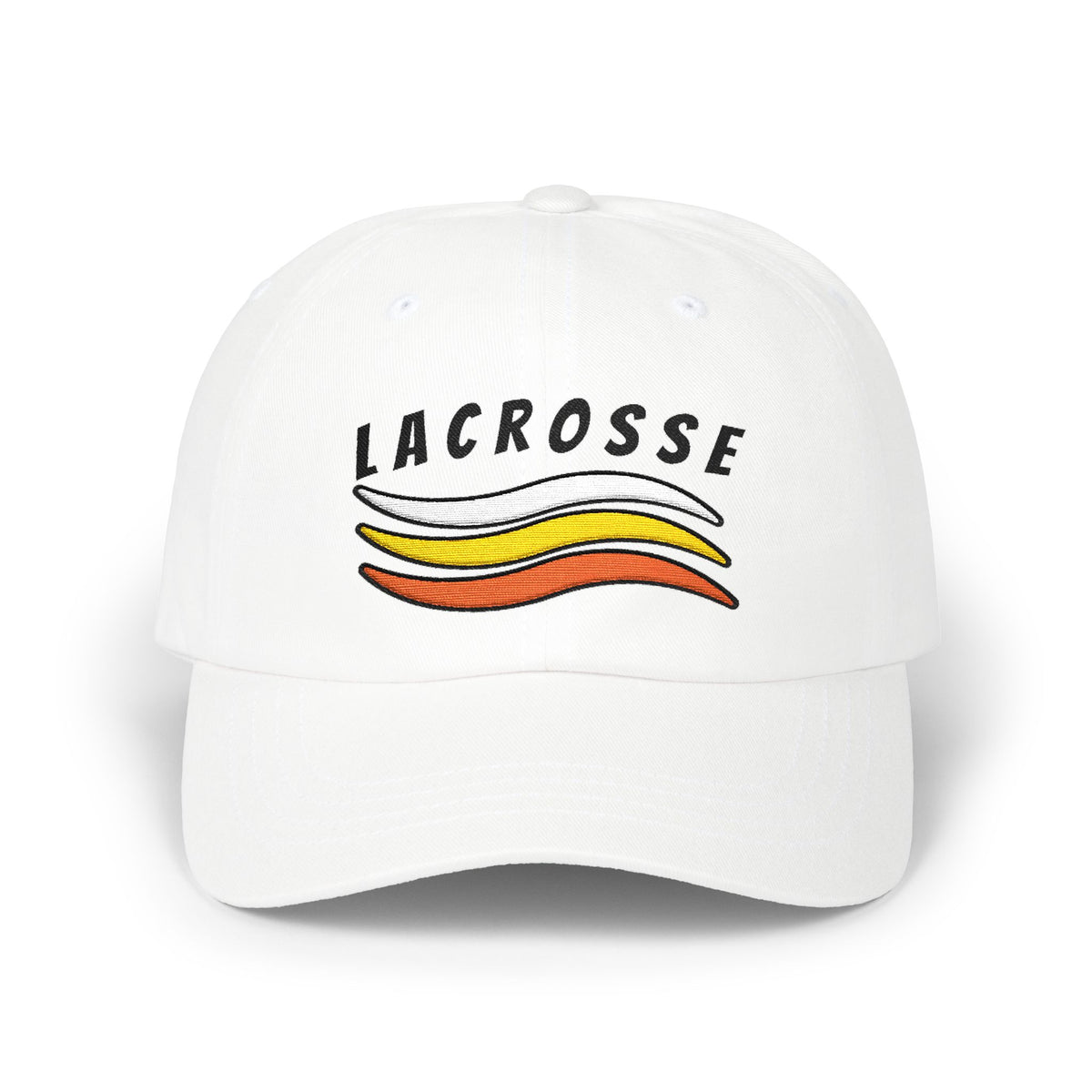 White embroidered classic dad cap hat with a Lacrosse text and graphic Front view