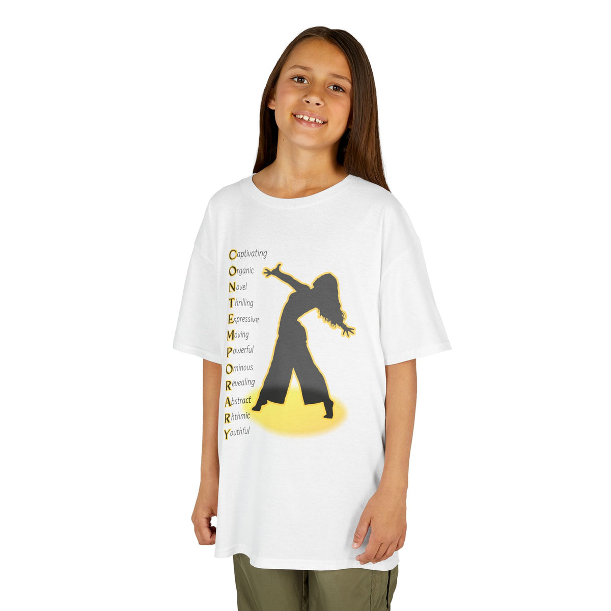 Young girl wearing a youth Gildan 5000B heavy cotton t-shirt in white with a Contemporary Dance text and graphic