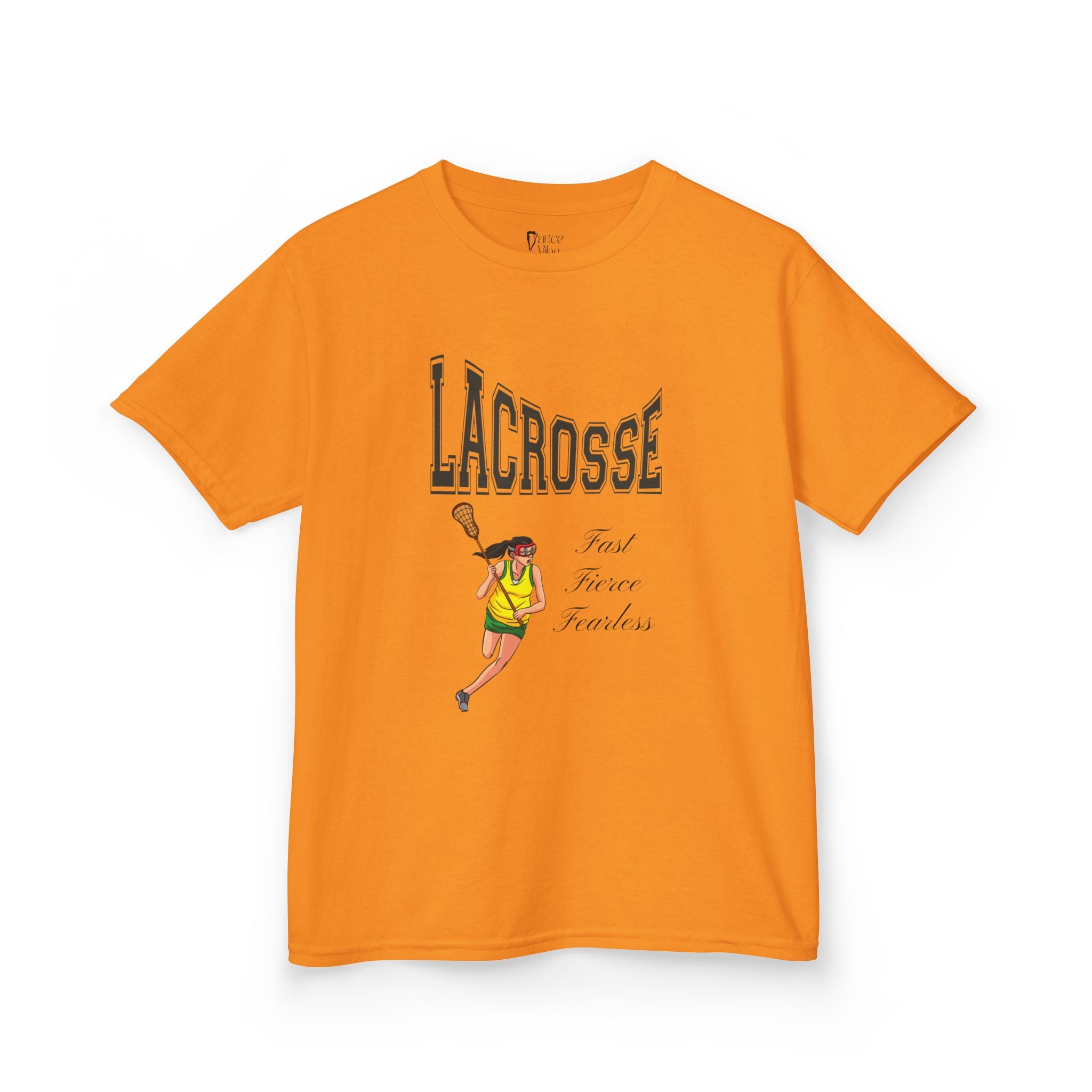 Front view of a youth Gildan 5000B heavy cotton t-shirt in tennessee orange with a Girls Lacrosse theme