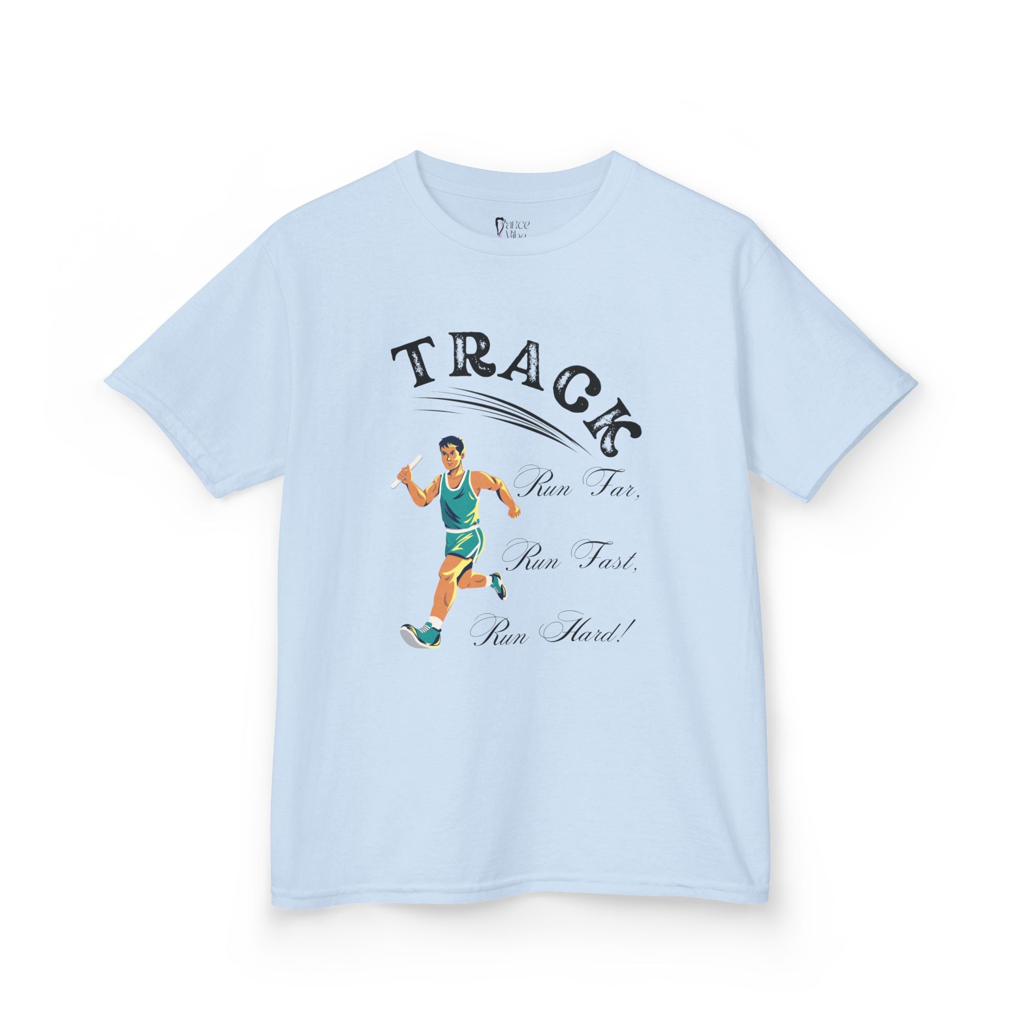 Front view of a youth Gildan 5000B heavy cotton t-shirt in light blue showing a boy running Track