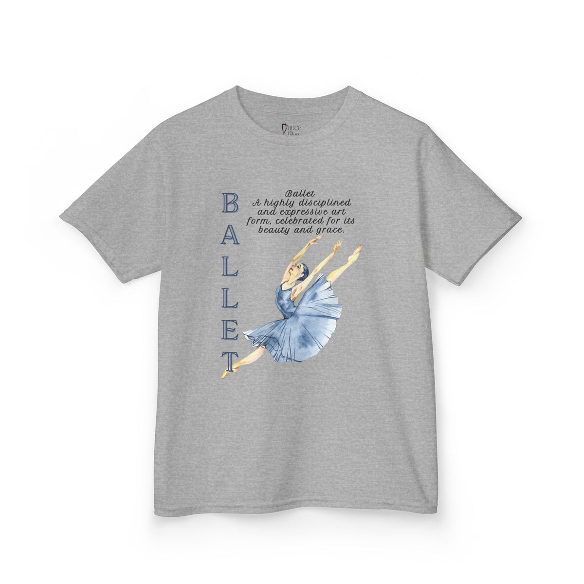 Front view of a youth Gildan 5000B heavy cotton t-shirt in sport grey with a Ballet text and graphic