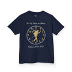 Front view of a youth Gildan 5000B heavy cotton t-shirt in navy with a Male Broadway Dancer 2026-2027 design