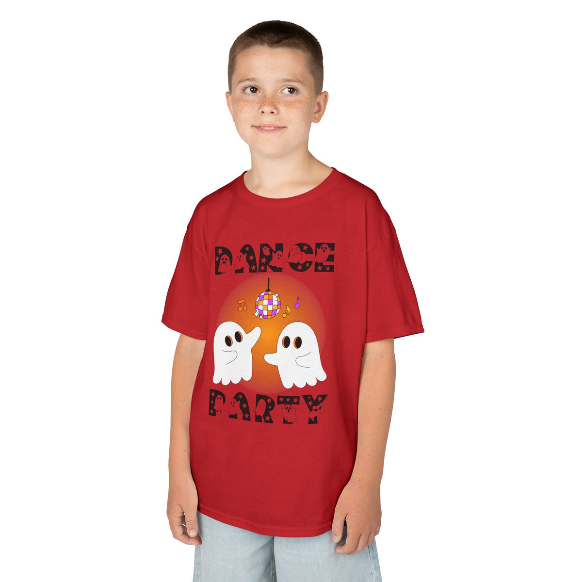 Young boy wearing a youth Gildan 5000B heavy cotton t-shirt in red with a Halloween Dance Party theme