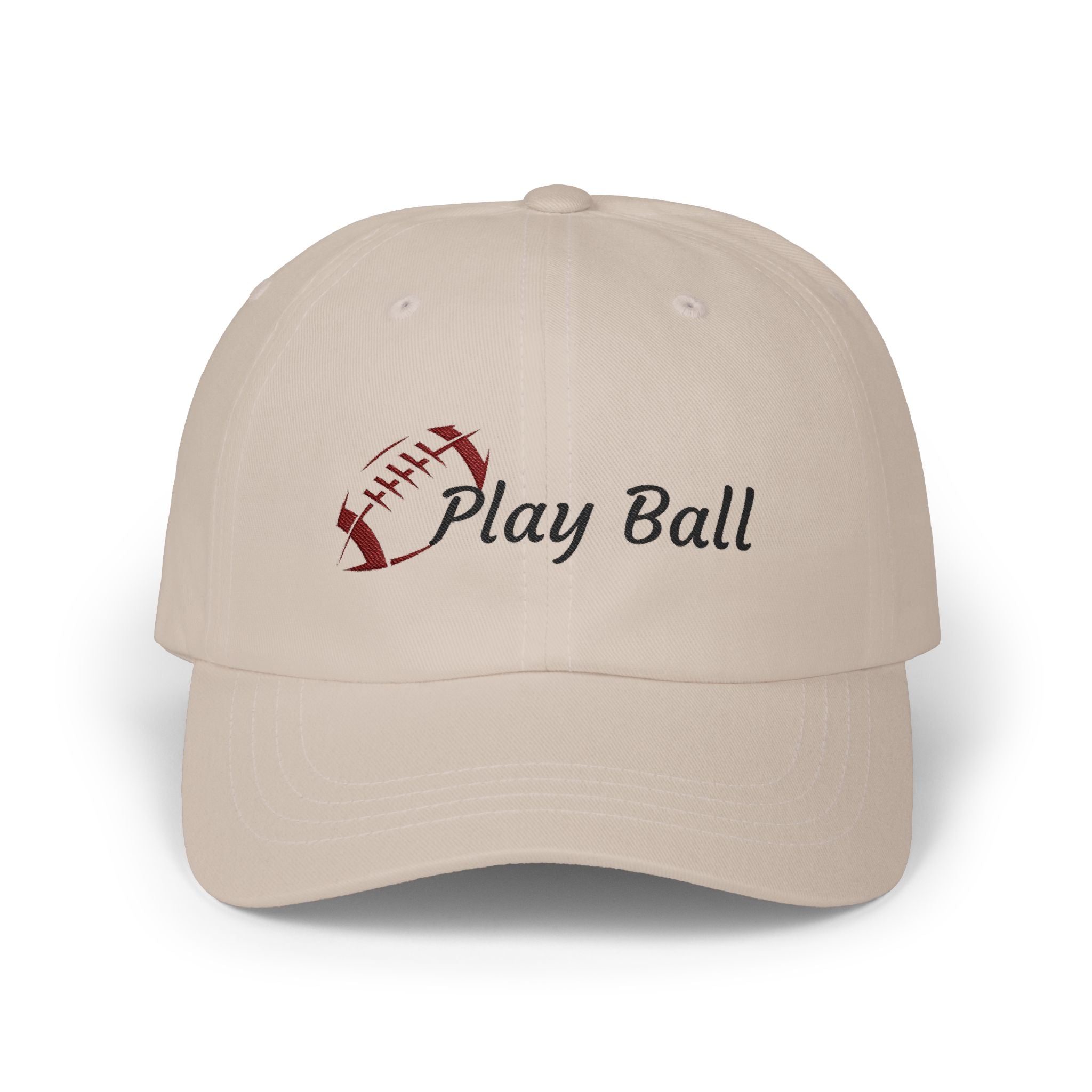 Stone embroidered classic dad cap hat with Play Ball text and football graphic Front view