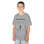 Young boy wearing a youth Gildan 5000B heavy cotton t-shirt in sport grey showing a boy playing Volleyball