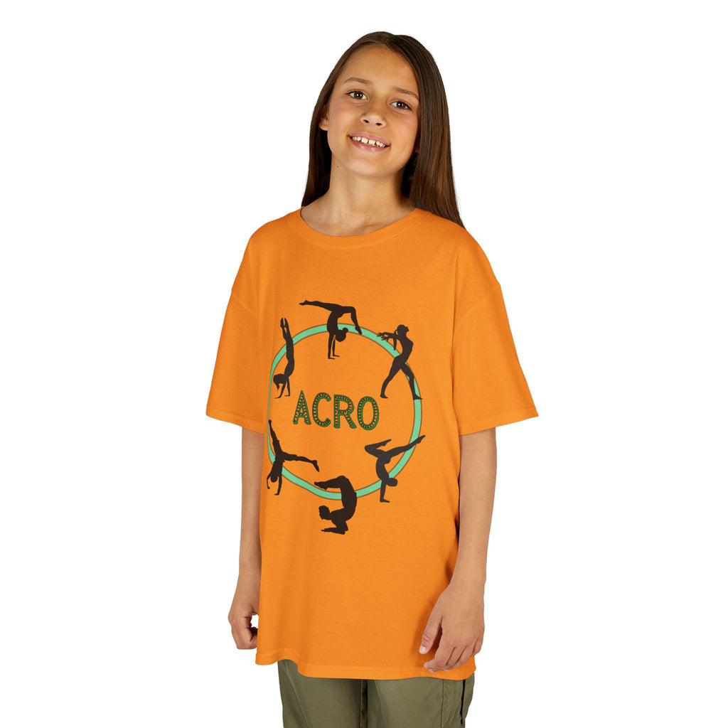 Young girl wearing a youth Gildan 5000B heavy cotton t-shirt in tennessee orange with an Acro Gymnastics theme