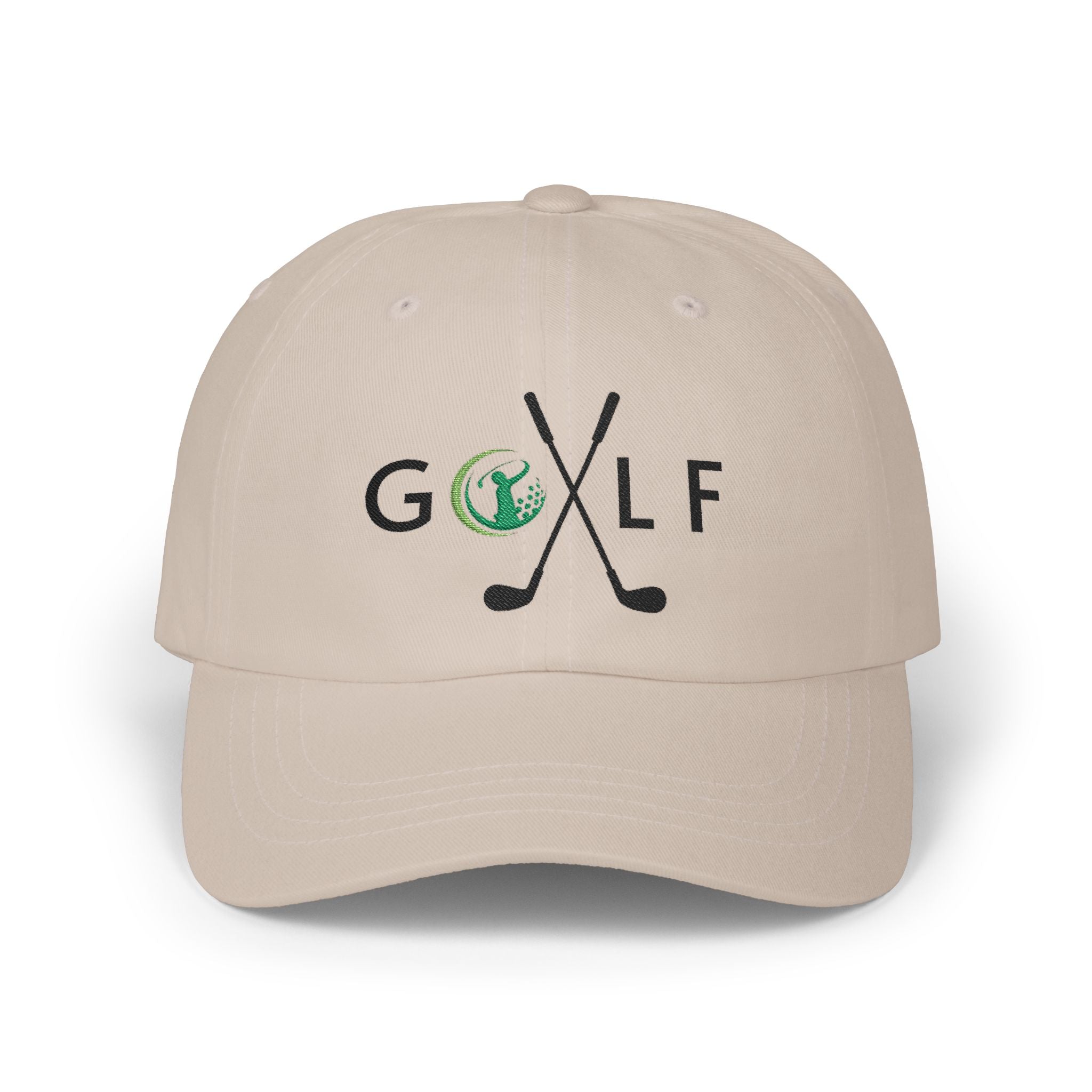 Stone embroidered classic dad cap hat with a Golf text and graphic Front view