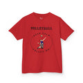 Front view of a youth Gildan 5000B heavy cotton t-shirt in red with a boy playing Volleyball