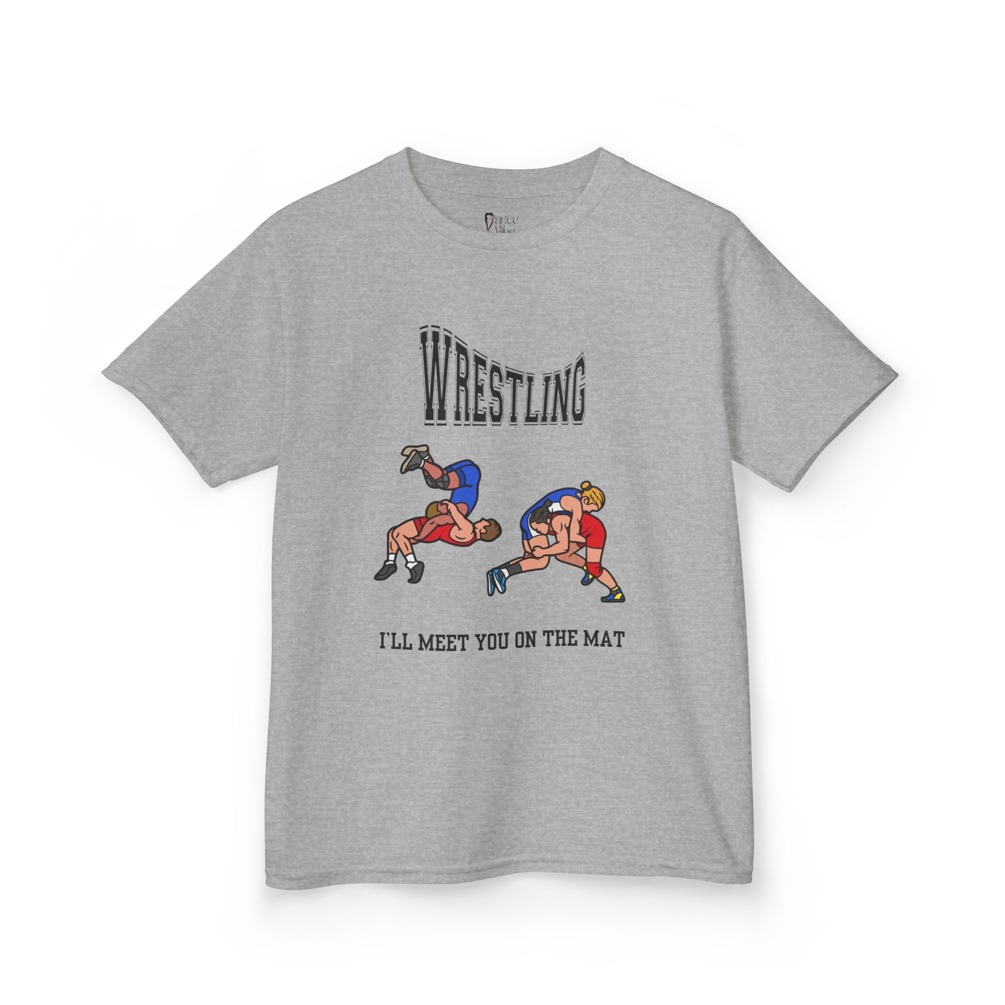 Front view of a youth Gildan 5000B heavy cotton t-shirt in sport grey with a Wrestling text and graphic