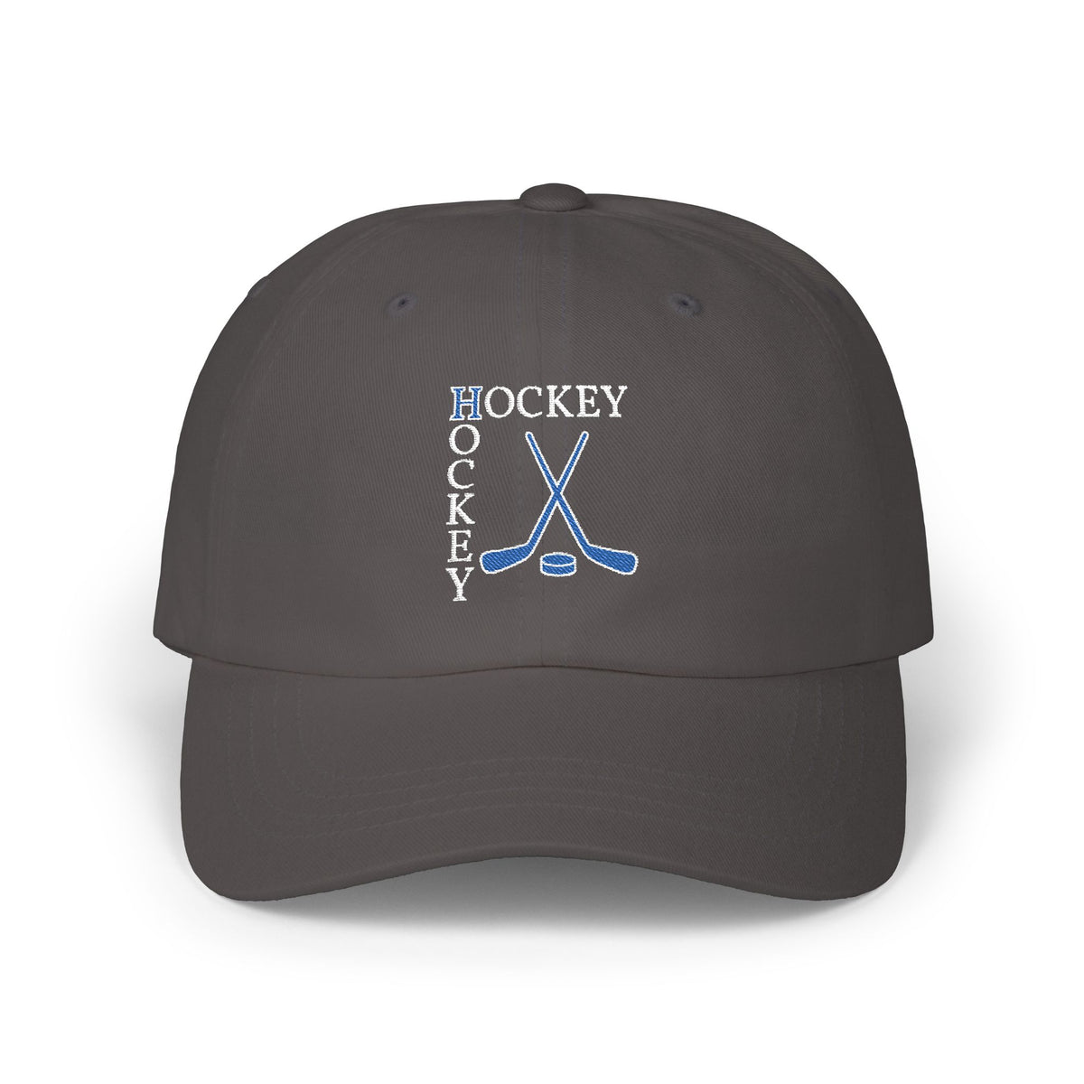 Dark grey cap with an embroidered Hockey text and logo.