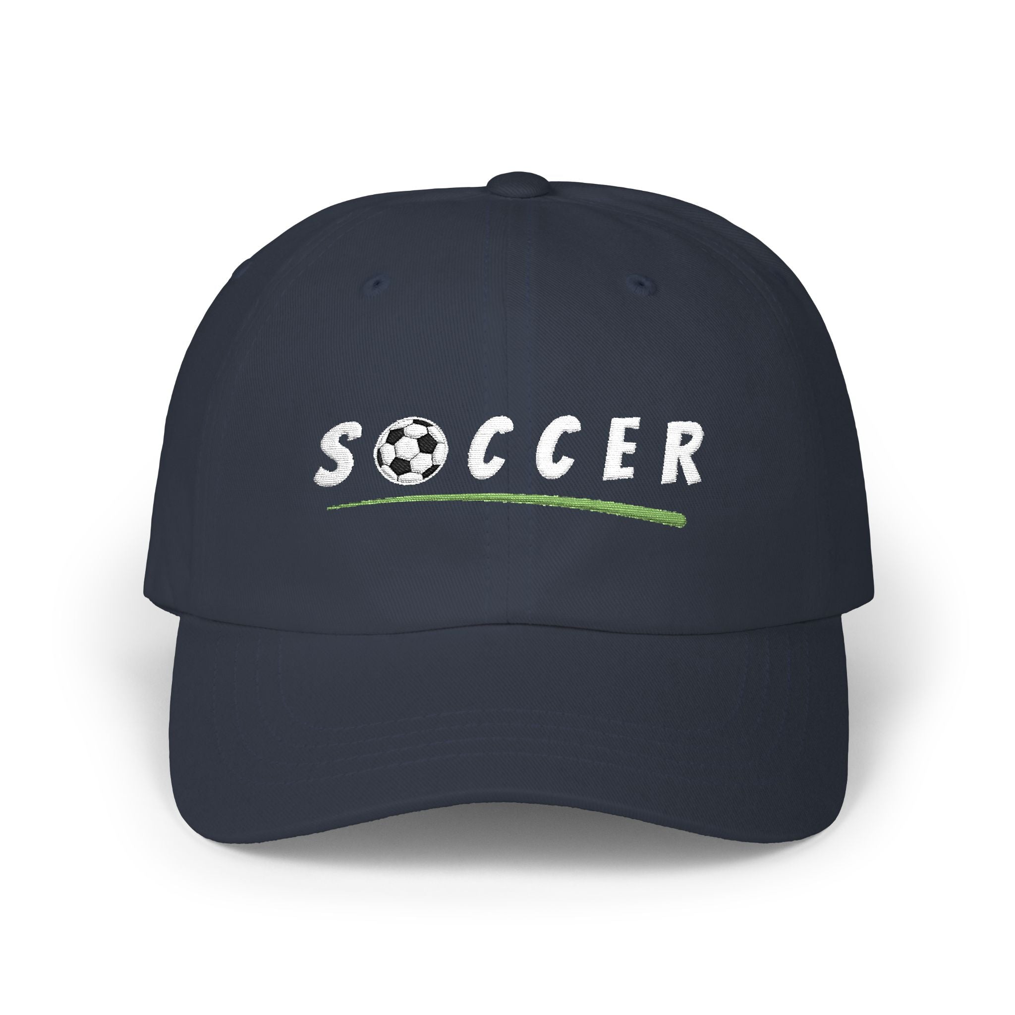 Navy cap with an embroidered Soccer text and soccer ball.