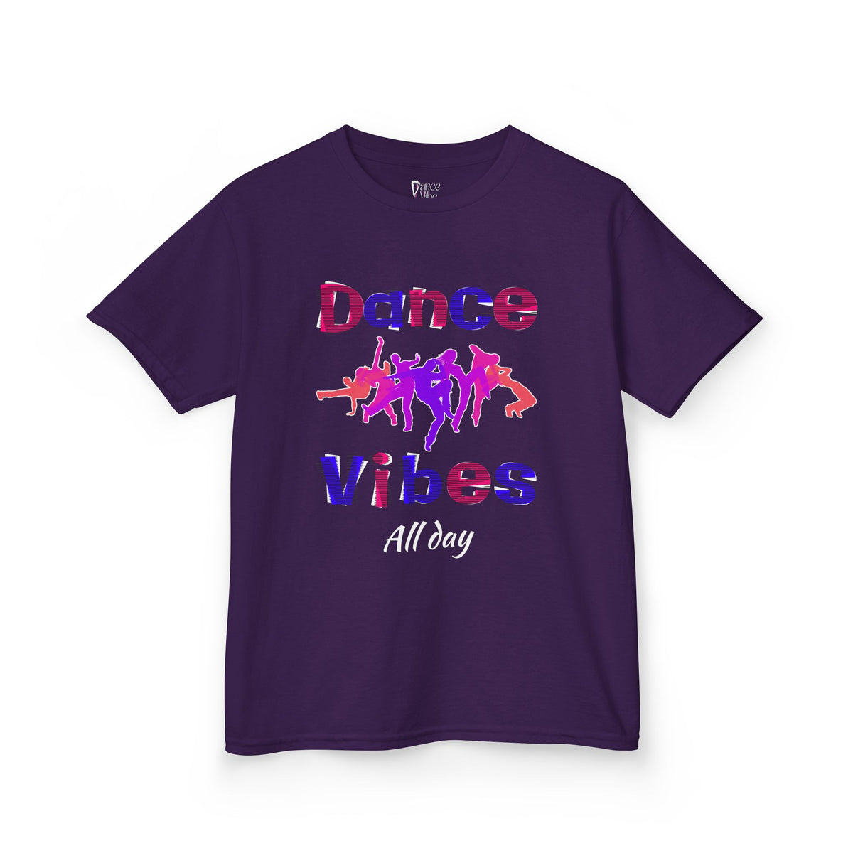 Front view of a youth Gildan 5000B heavy cotton t-shirt in purple with a Dance Vibes All Day text and graphic