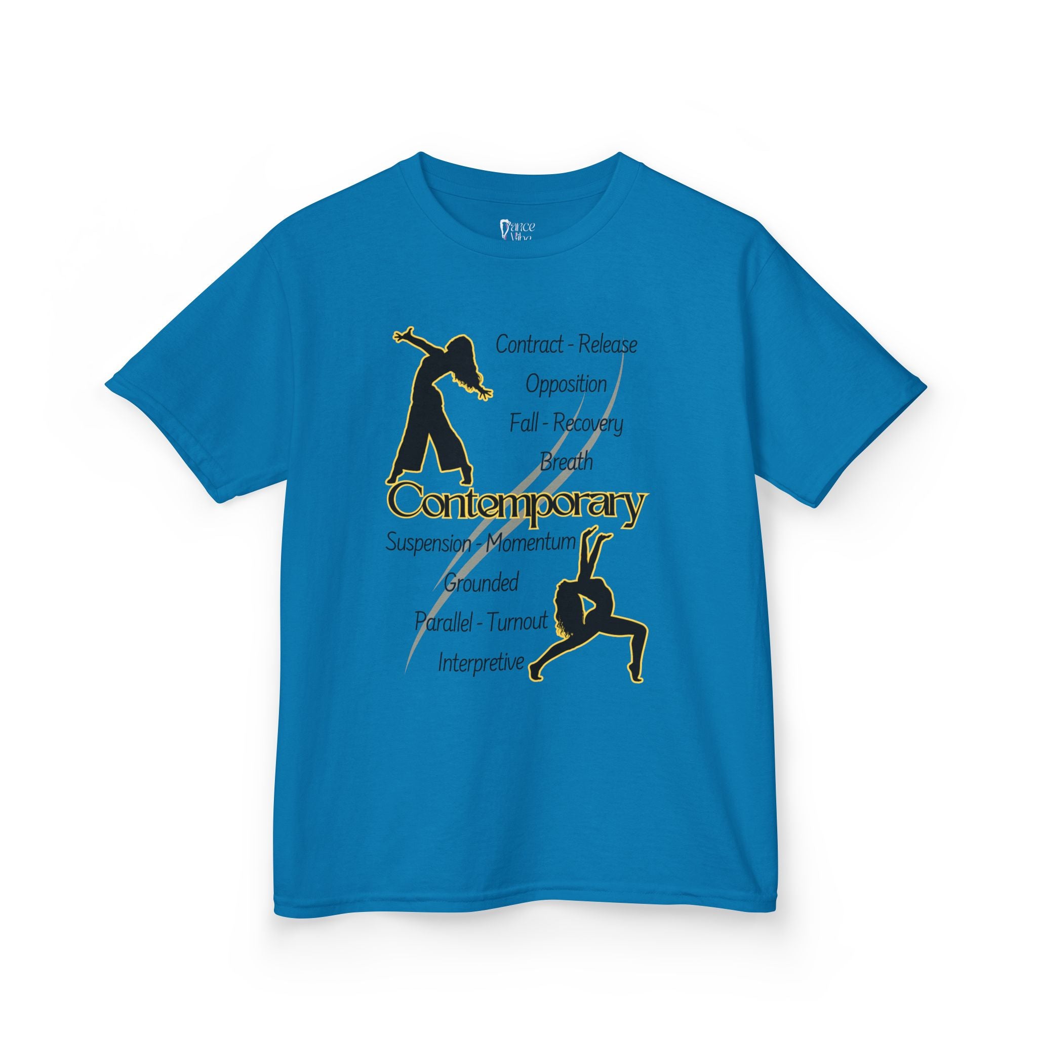 Front view of a youth Gildan 5000B heavy cotton t-shirt in sapphire featuring Contemporary Dancers with text