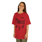 Young girl wearing a youth Gildan 5000B heavy cotton t-shirt in red with a gymnastics text and graphic