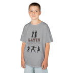Young boy wearing a youth Gildan 5000B heavy cotton t-shirt in sport grey with a Latin Dance Style theme