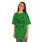 Young girl wearing a youth Gildan 5000B heavy cotton t-shirt in irish green with a gymnastics text and graphic