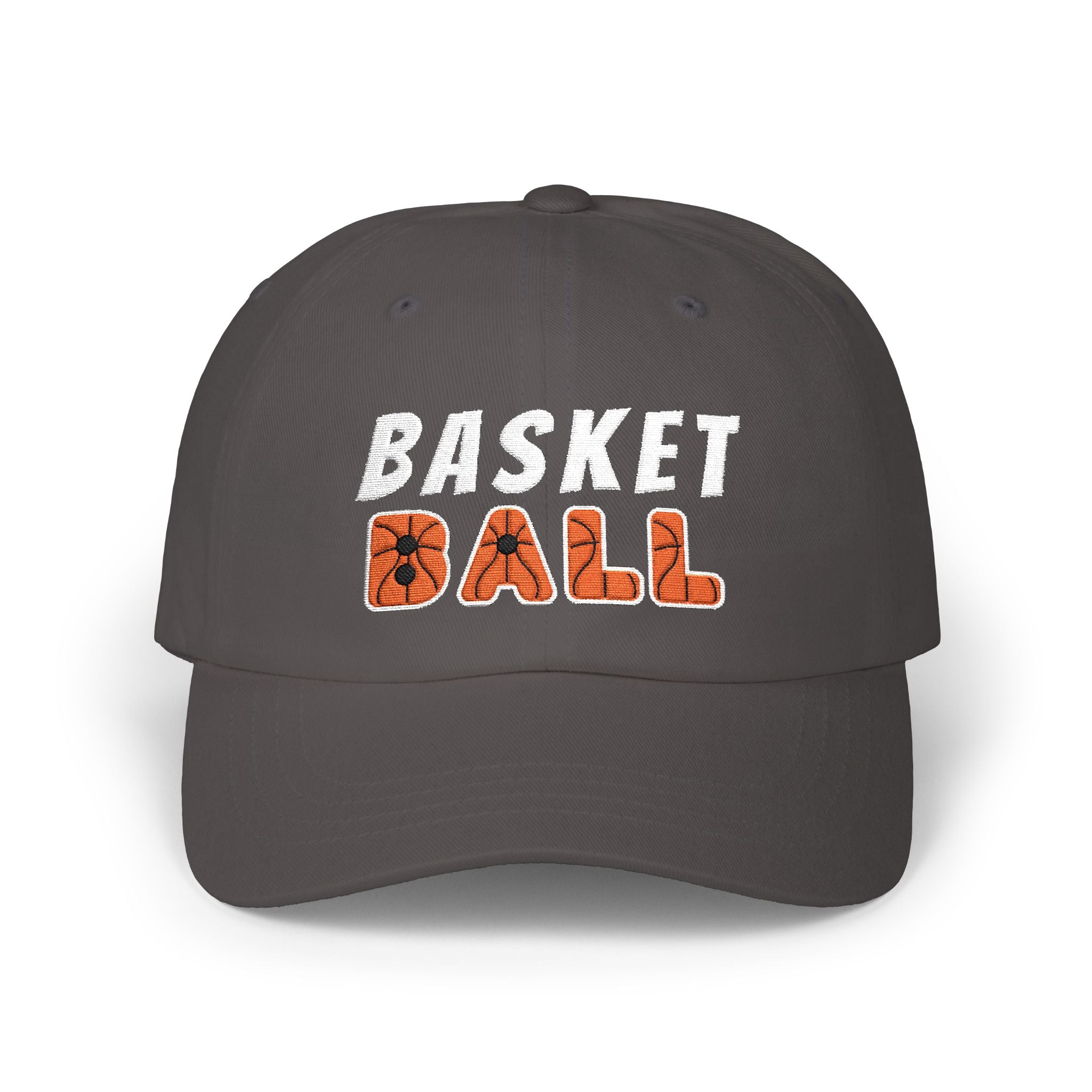 A dark grey baseball cap featuring BASKET BALL embroidered on the front, with BASKET in white and BALL in orange. 