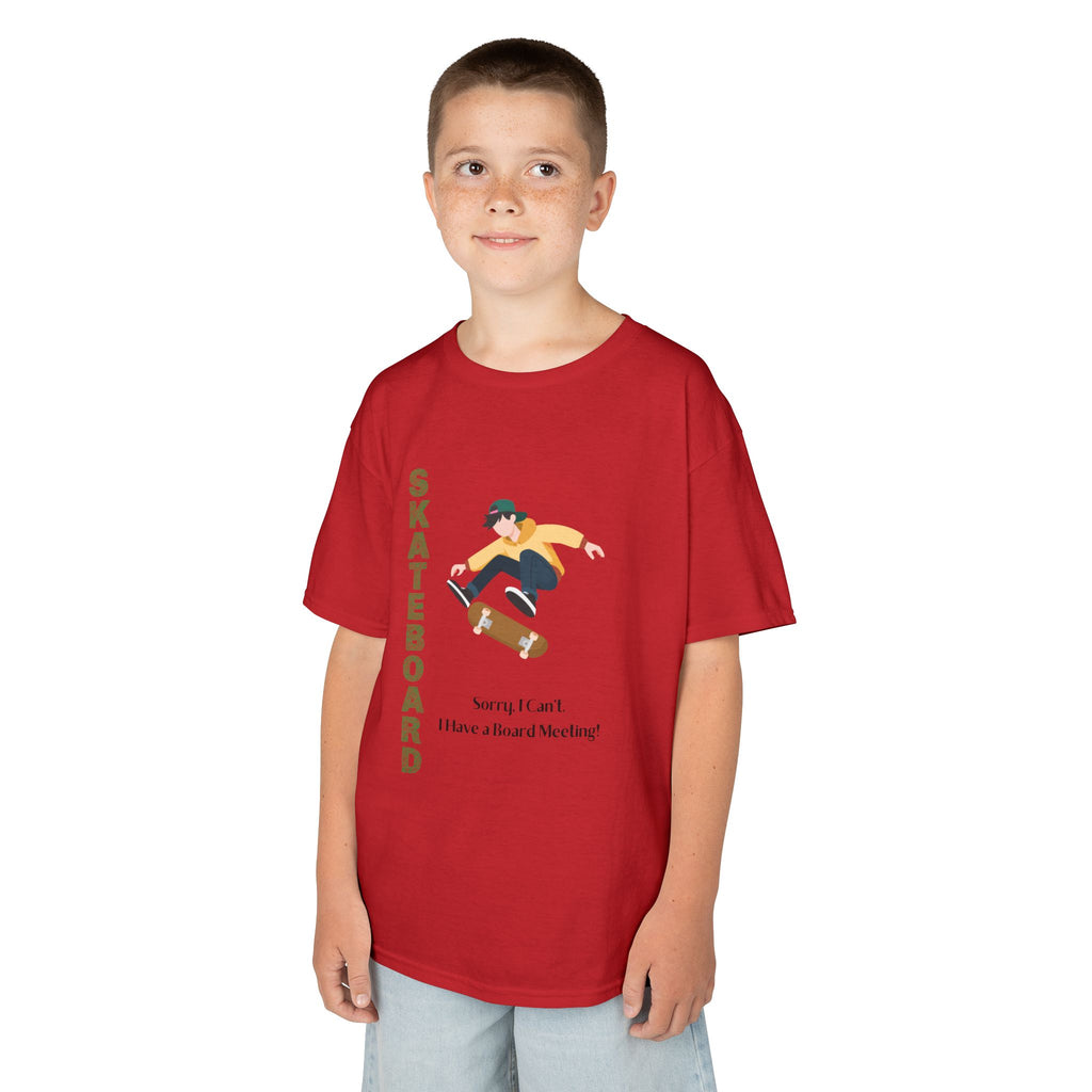 Young boy wearing a youth Gildan 5000B heavy cotton t-shirt in red featuring a boy Skateboarding