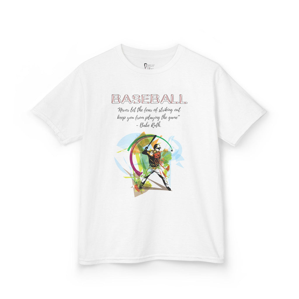 Front view of a youth Gildan 5000B heavy cotton t-shirt in white with a Baseball theme and graphic
