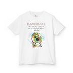 Front view of a youth Gildan 5000B heavy cotton t-shirt in white with a Baseball theme and graphic