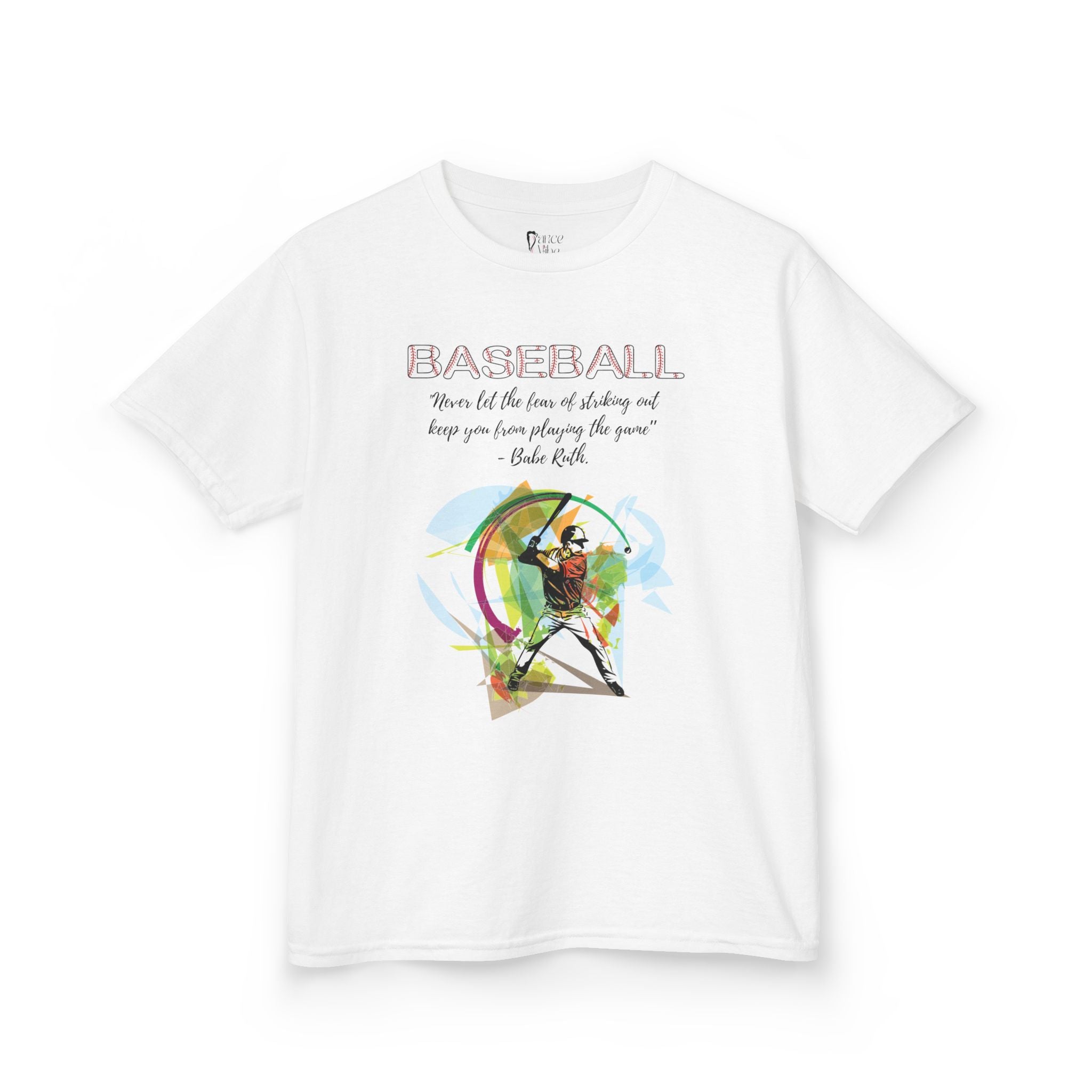 Front view of a youth Gildan 5000B heavy cotton t-shirt in white with a Baseball theme and graphic