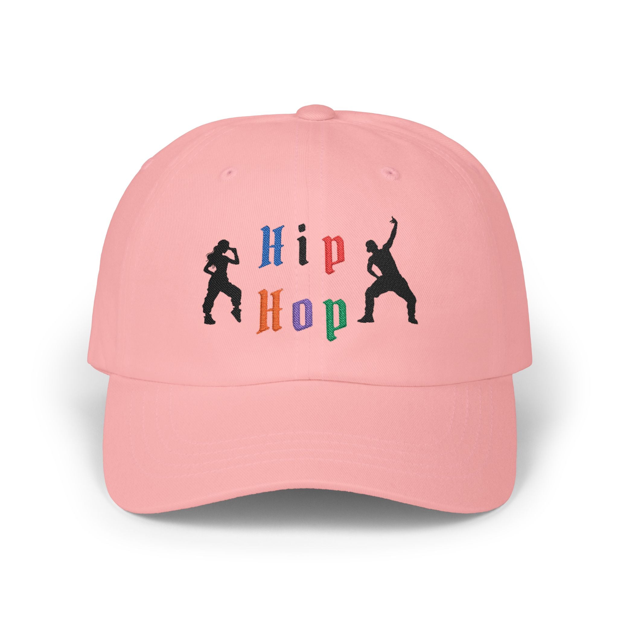 Pink embroidered classic dad cap hat with a Hip Hop text and graphic Front view