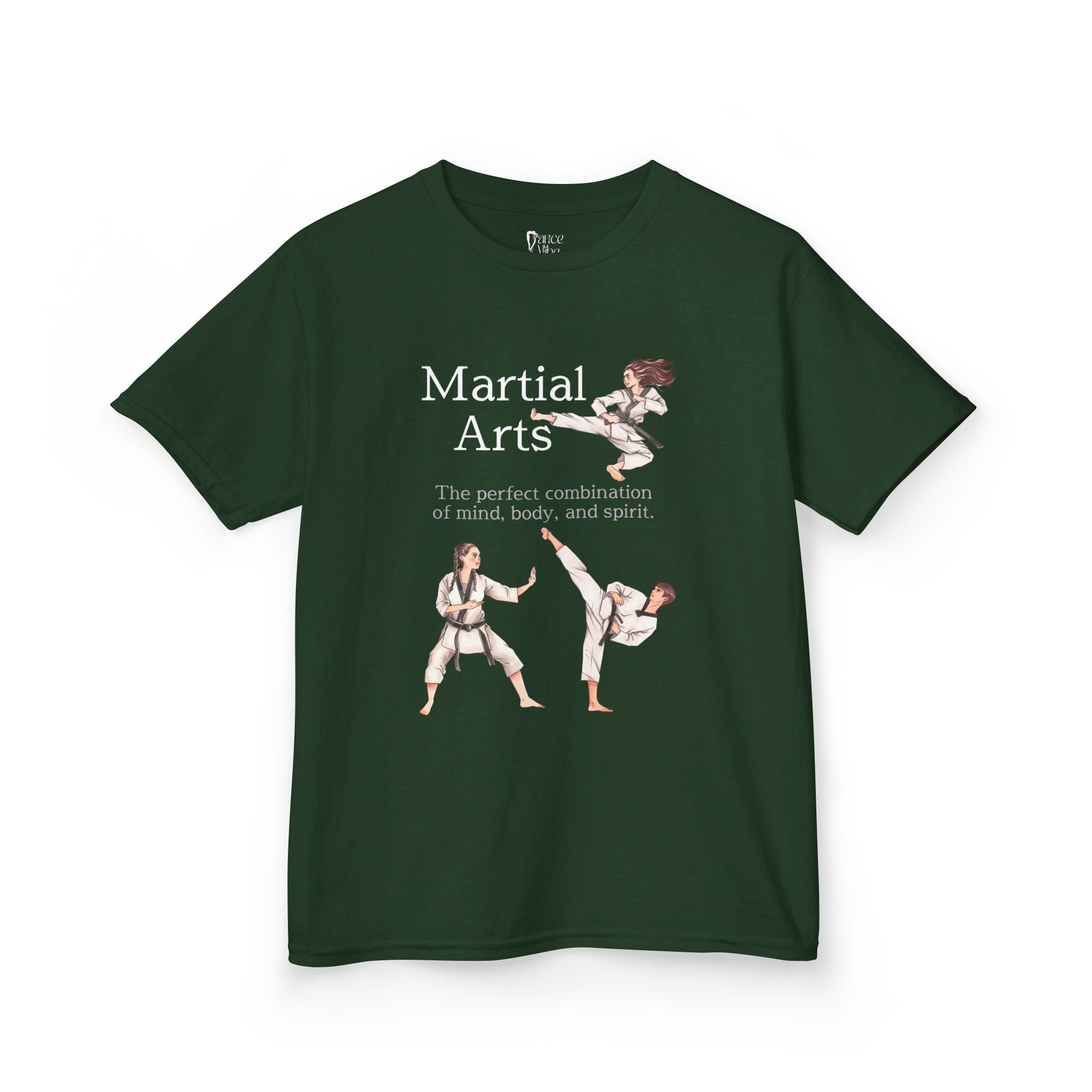 Front view of a youth Gildan 5000B heavy cotton t-shirt in forest green with a Martial Arts text and graphic