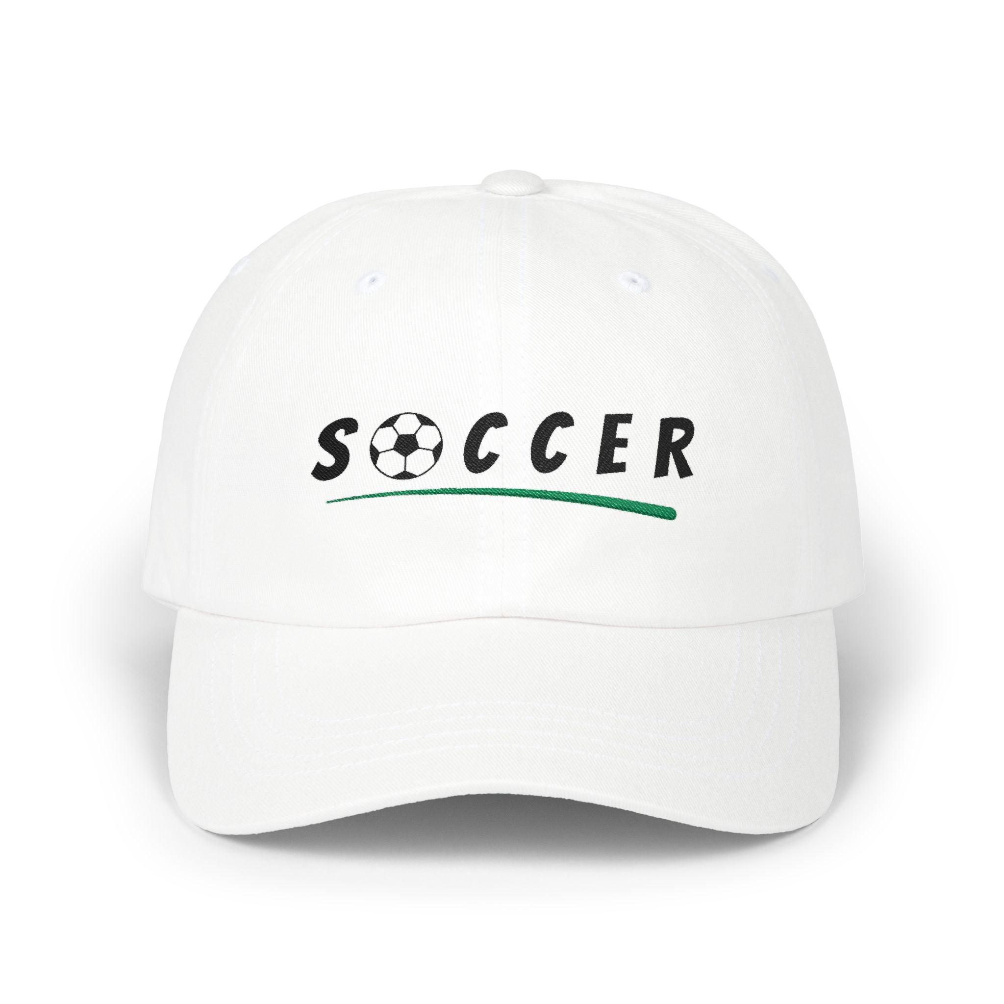 White embroidered classic dad cap hat with Soccer text and graphic Front view