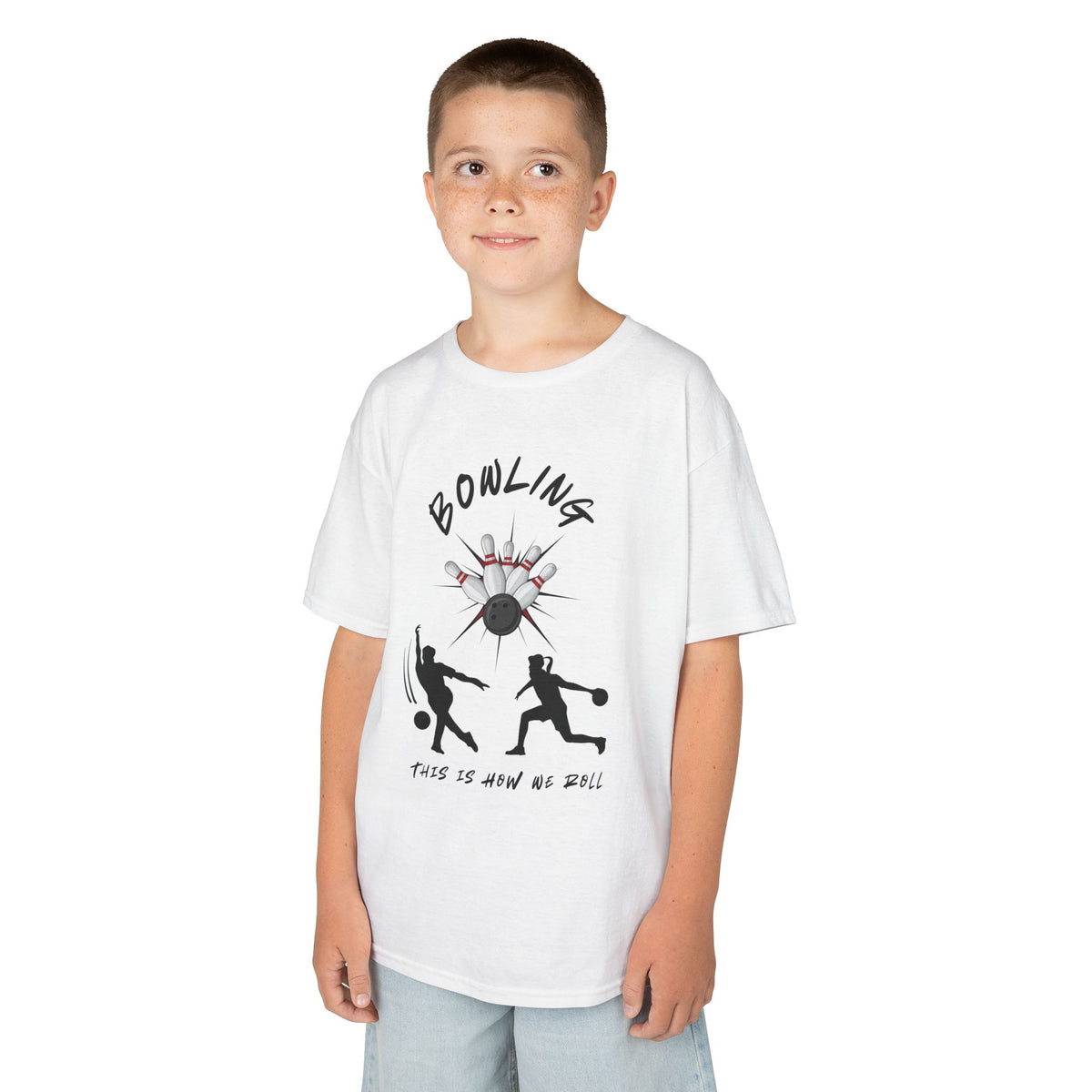 Young boy wearing a youth Gildan 5000B heavy cotton t-shirt in white with a Bowling text and graphic