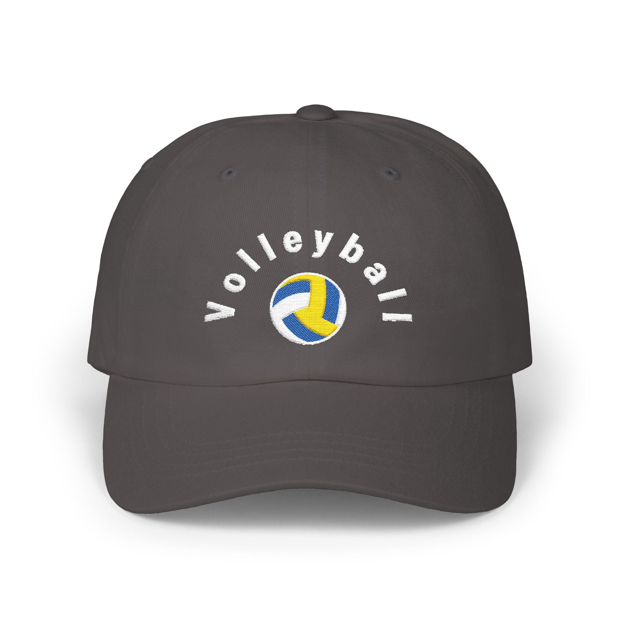 Dark grey cap with an embroidered Volleyball graphic and text.
