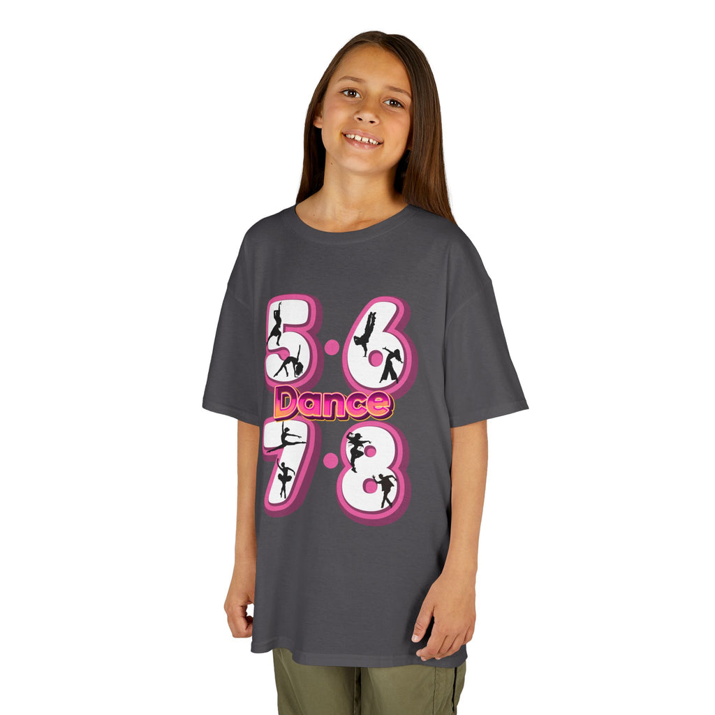 Young girl wearing a Gildan 5000B heavy cotton t-shirt in charcoal with a 5678 Dance text and graphic