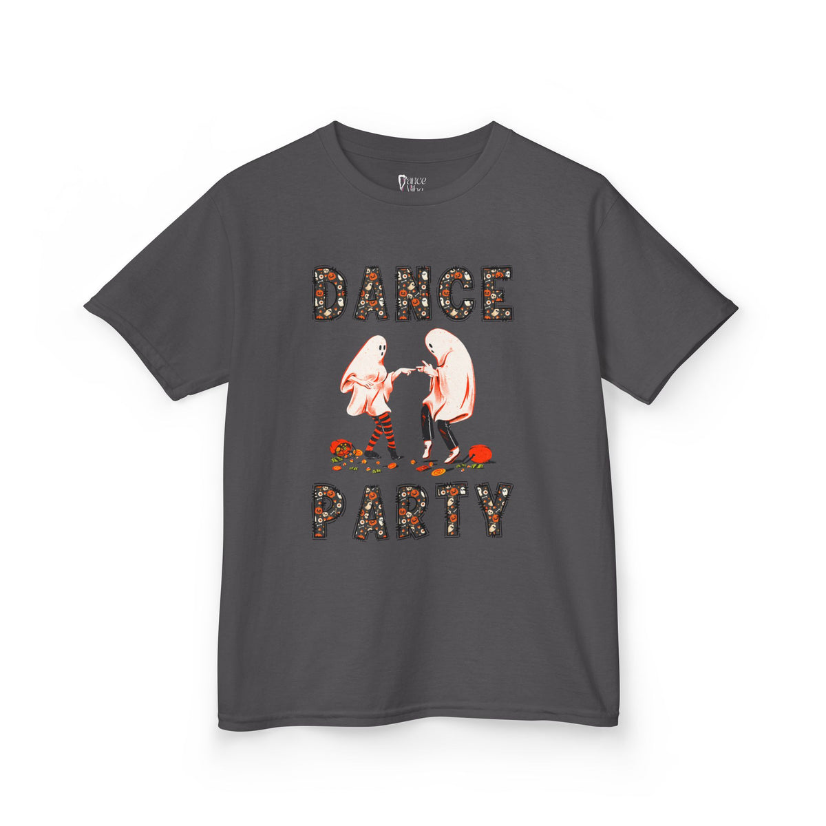 Front view of a youth Gildan 5000B heavy cotton t-shirt in charcoal with a Halloween Dance Party theme