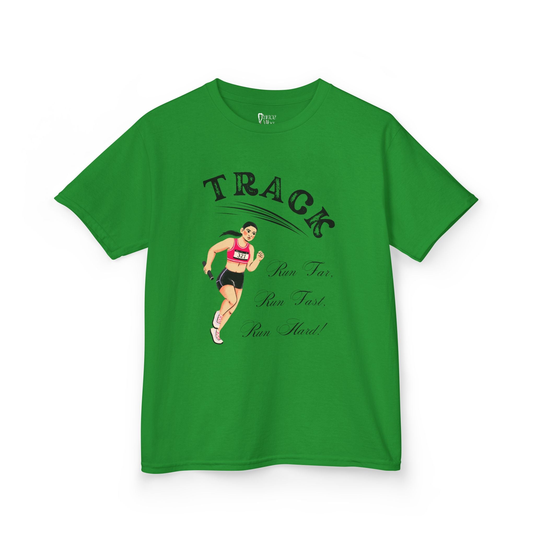Front view of a youth Gildan 5000B heavy cotton t-shirt in irish green showing a girl running Track