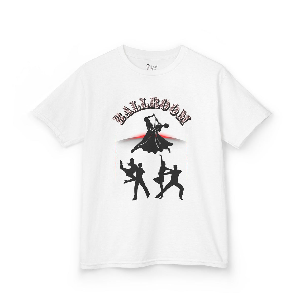 Front view of a youth Gildan 5000B heavy cotton t-shirt in white with a Ballroom Dance Couples theme