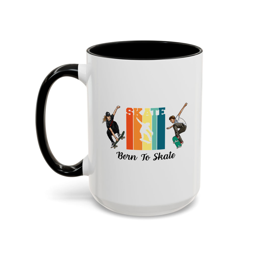 15oz white ceramic Born to Skate Skateboarding mug with black handle and interior Left handed view