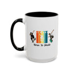 15oz white ceramic Born to Skate Skateboarding mug with black handle and interior Left handed view