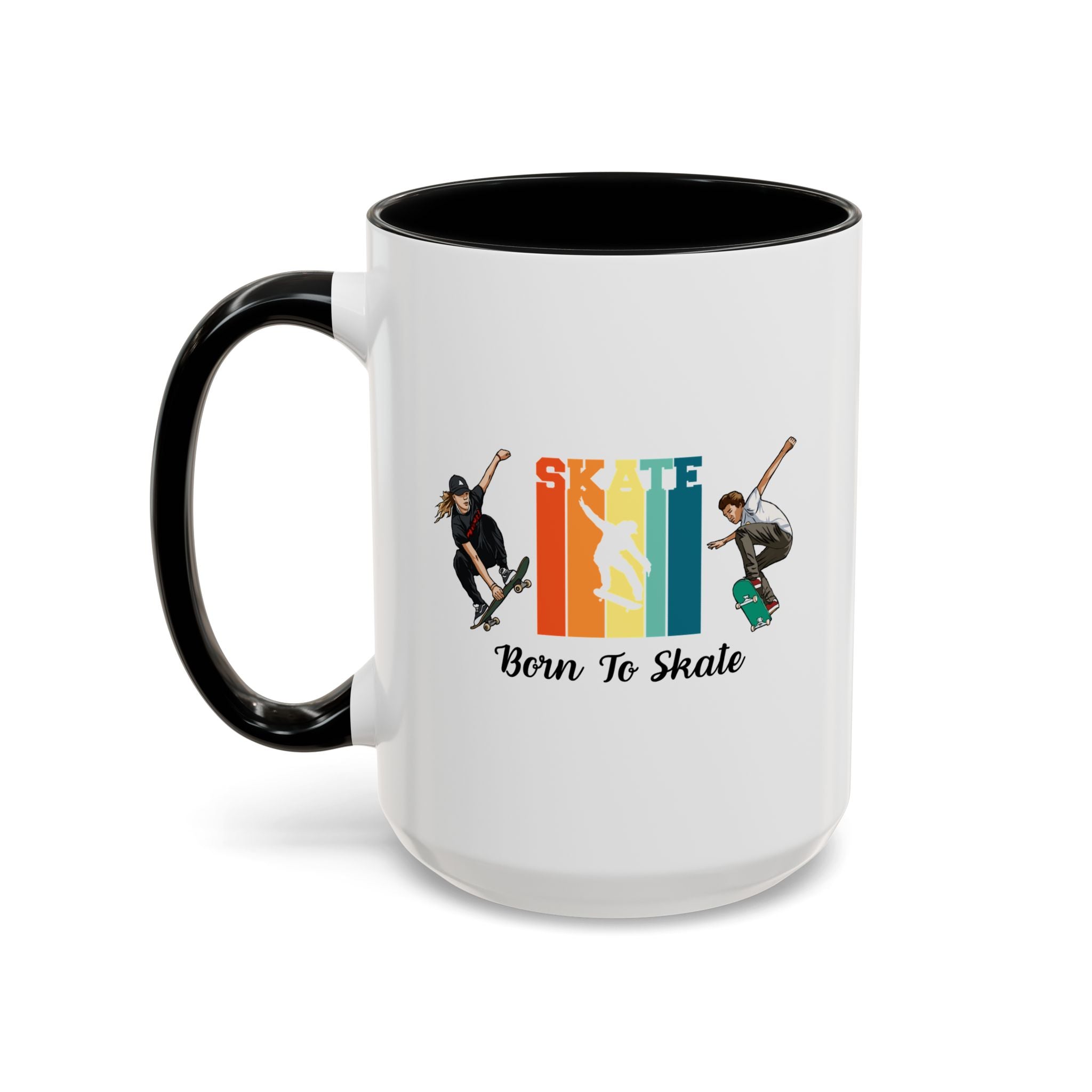 15oz white ceramic Born to Skate Skateboarding mug with black handle and interior Left handed view