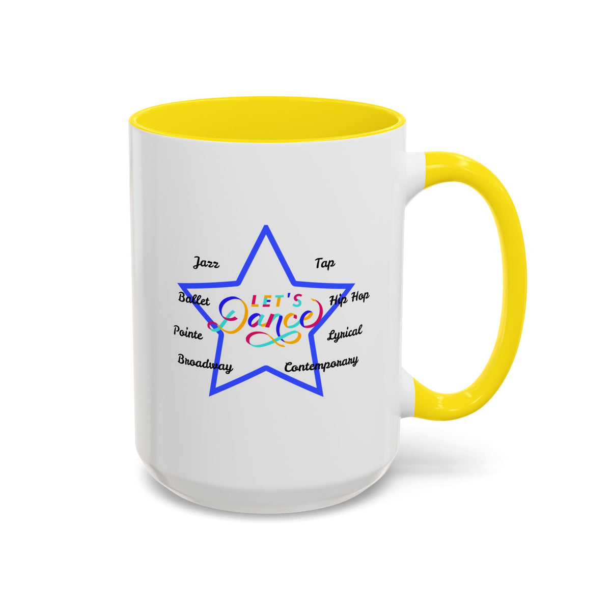 15oz white ceramic Let's Dance mug with yellow handle and interior Right handed view