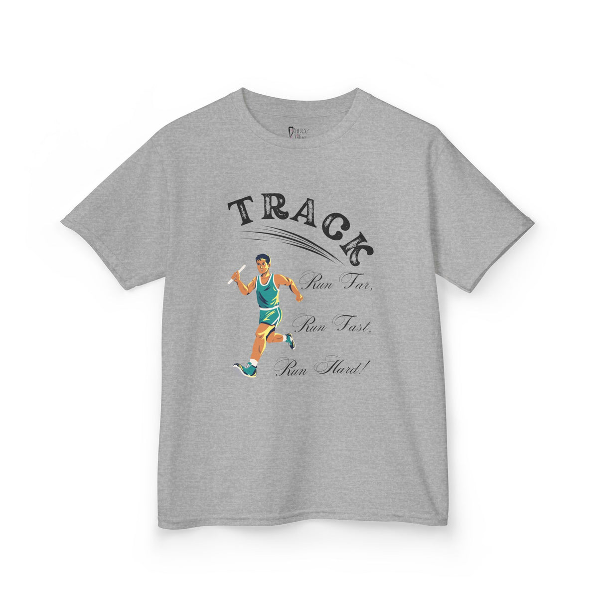 Front view of a youth Gildan 5000B heavy cotton t-shirt in sport grey showing a boy running Track