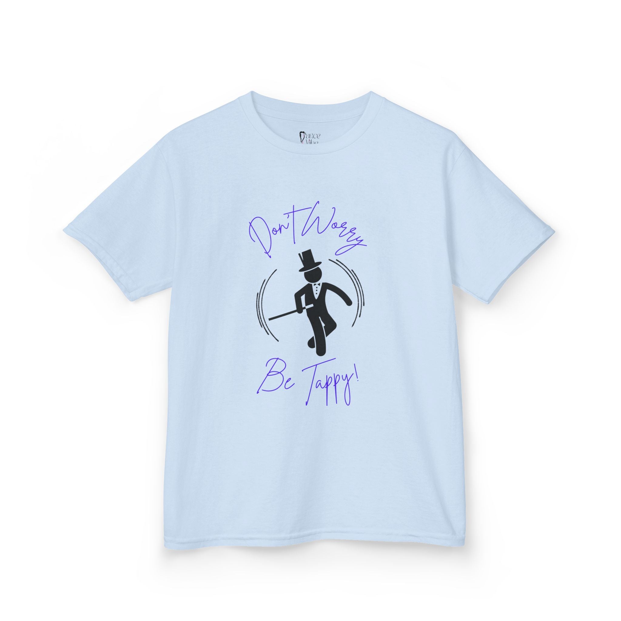 Front view of a youth Gildan 5000B heavy cotton t-shirt in light blue with a Don't Worry Be Tappy Tap theme