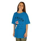 Young girl wearing a youth Gildan 5000B heavy cotton t-shirt in sapphire showing a girl running Track