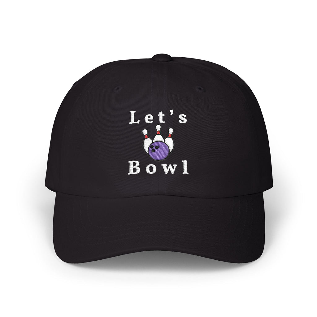 Black cap with an embroidered Let's Bowl text and graphic.