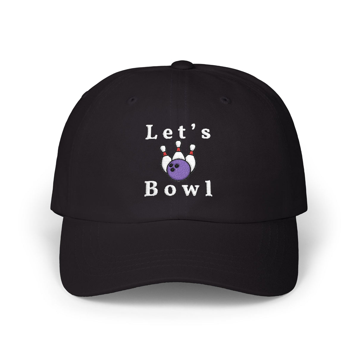 Black cap with an embroidered Let's Bowl text and graphic.