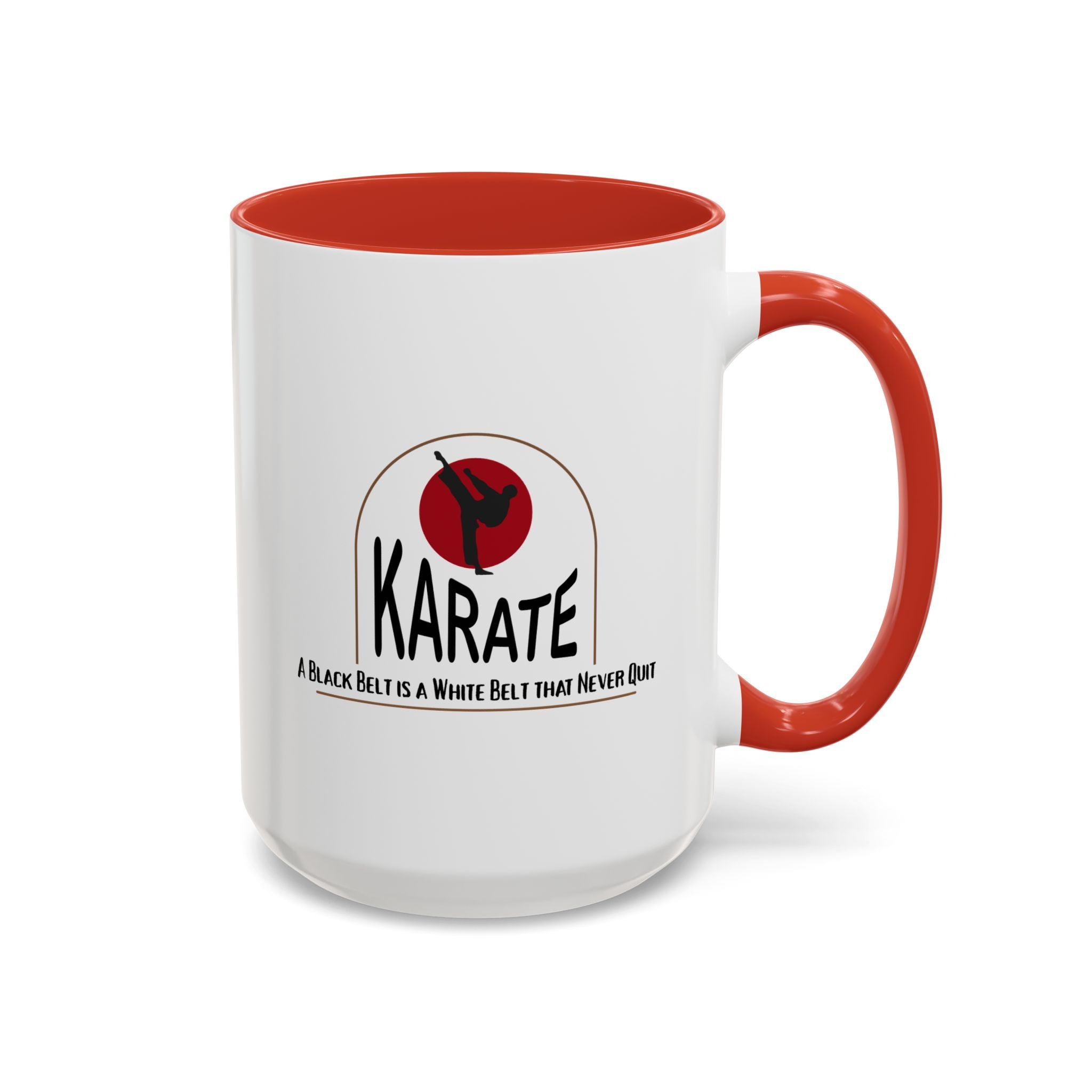 15oz white ceramic Karate mug with red handle and interior Right handed view