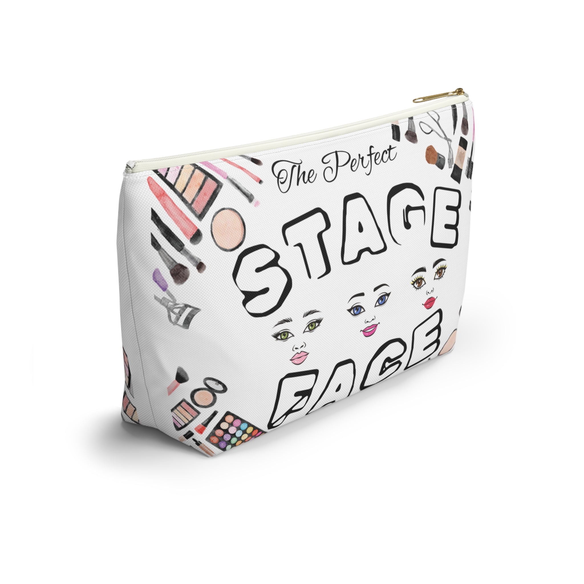 Makeup bag with face and makeup illustrations and The Perfect Stage Face text on a white background white zipper side view