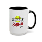 15oz white ceramic Softball mug with black handle and interior Right handed view