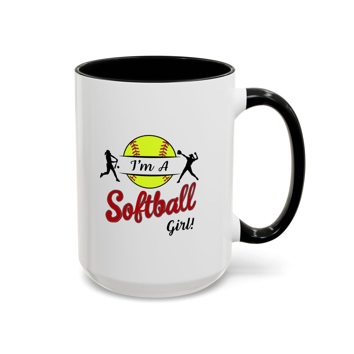 15oz white ceramic Softball mug with black handle and interior Right handed view